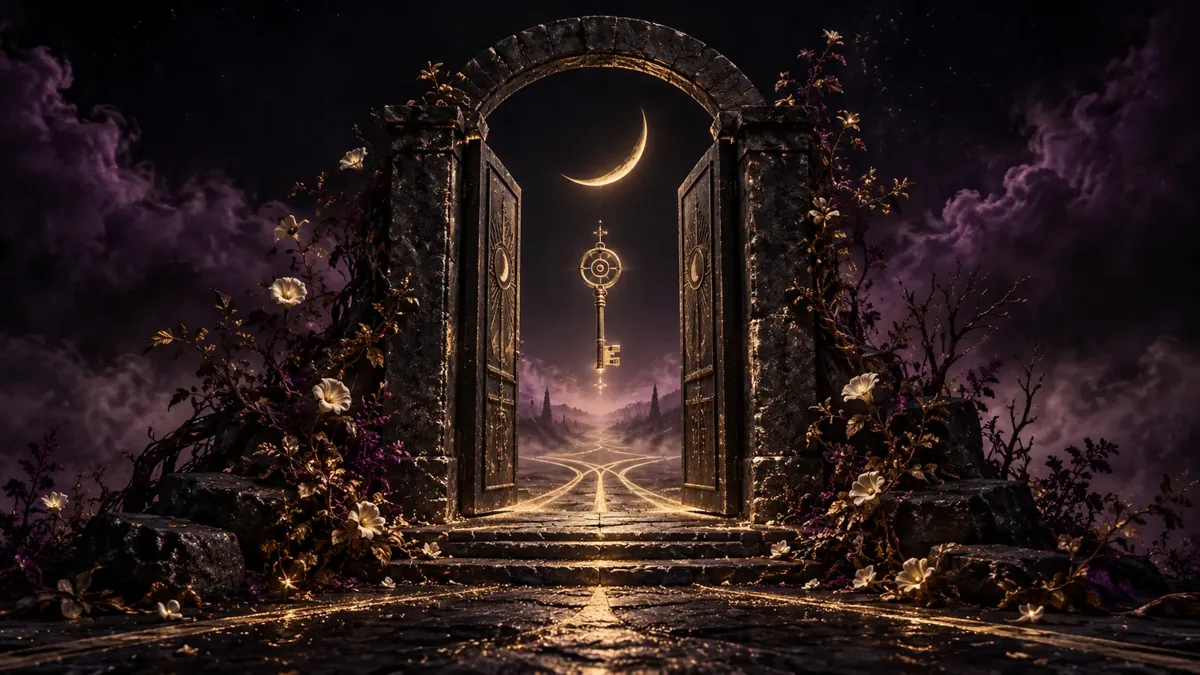 An open stone threshold with a golden key, crescent moon, and paths beyond it