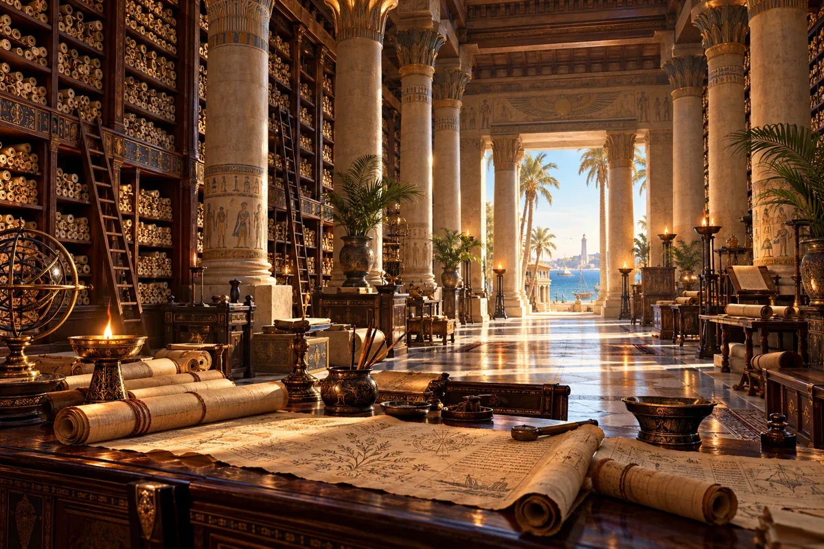 An Alexandria-inspired hall of papyrus scrolls, stone columns, and warm bronze lamplight.